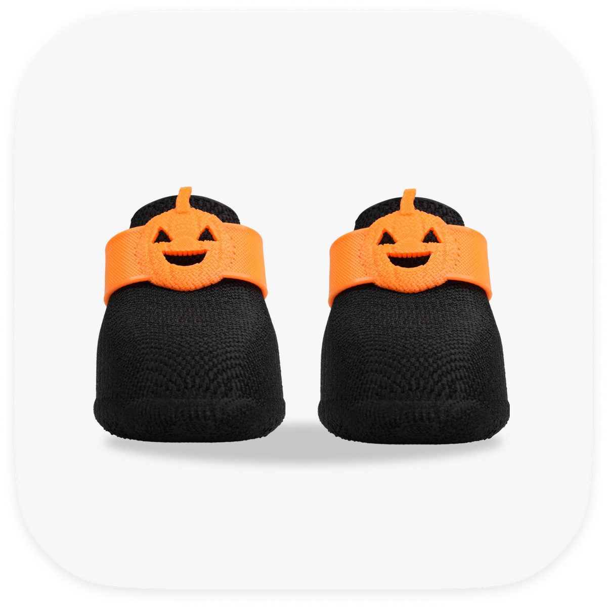 Canela ForméFit ID Halloween Pumpkin — black boots with an orange jack-o'-lantern strap, front view
