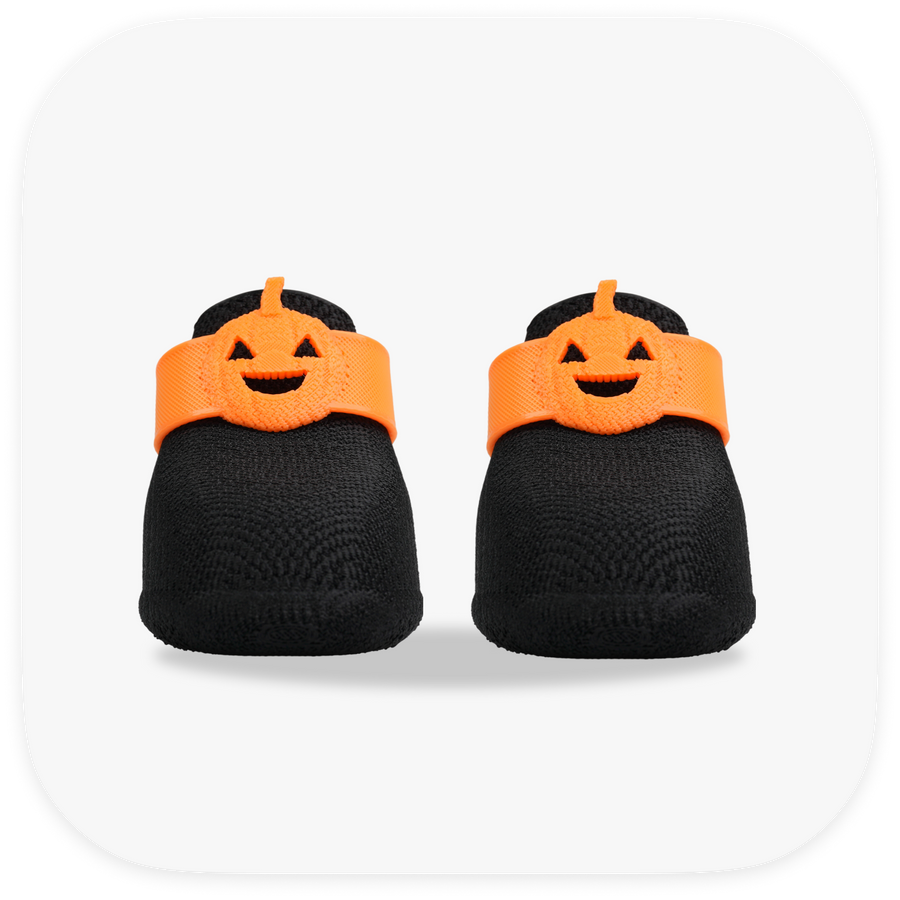 Canela ForméFit ID Halloween Pumpkin — black boots with an orange jack-o'-lantern strap, front view
